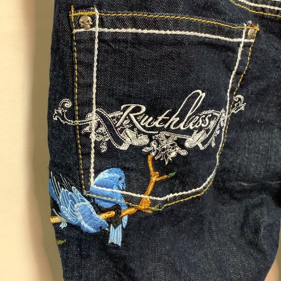 Ruthless Art Vintage Blue Dark Wash Low Rise Embroidered Bootcut Jeans Sz 13/31 - Picture 3 of 16